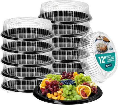 12" Catering Trays With Lids [3 Pack] - Black Serving Tray, Clear Lid, Plastic Disposable Round Party Platters, Flan Containers, Dessert Sandwich Cookie Food Trays for Parties