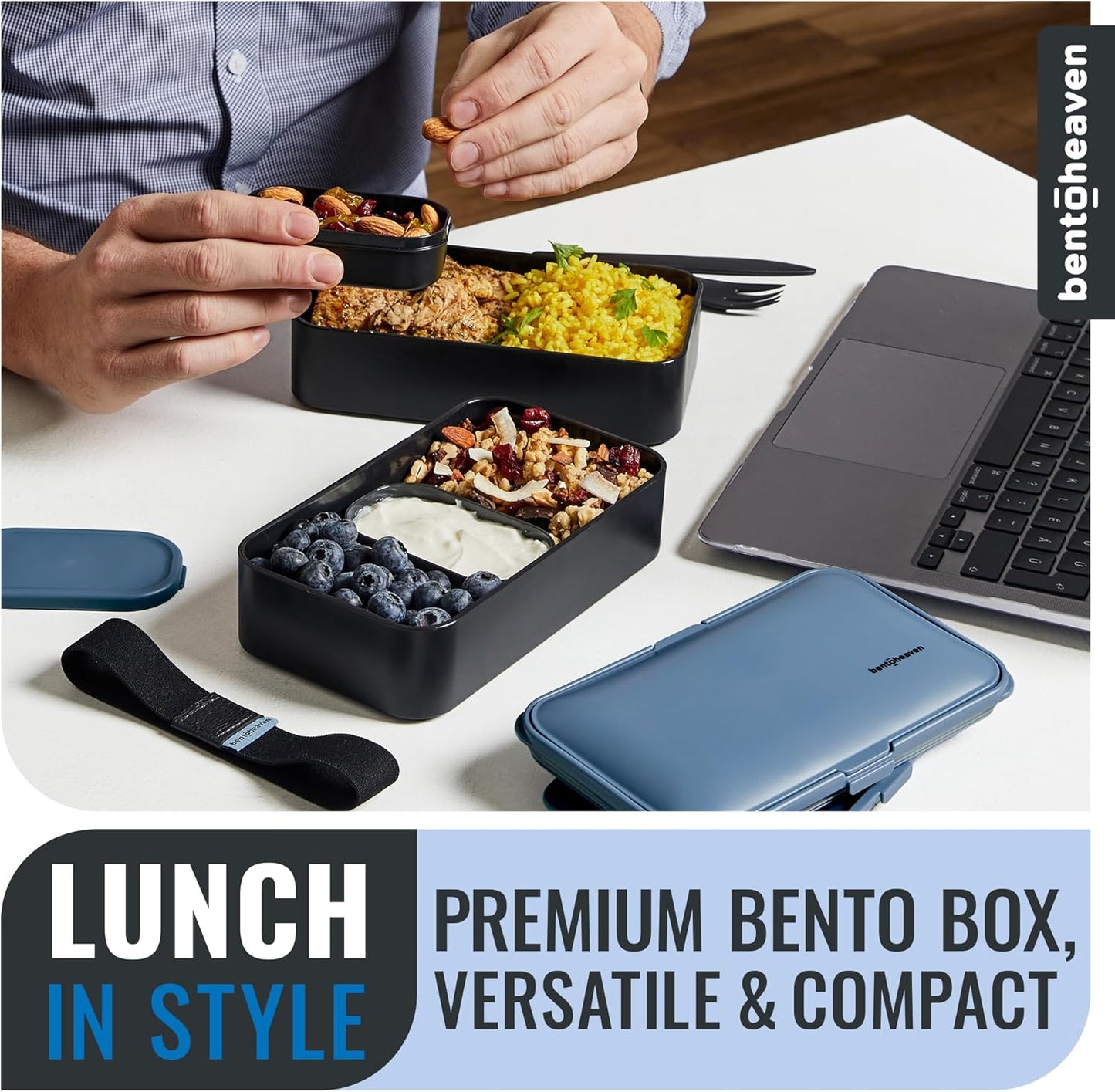Bentoheaven Premium Bento Box Adult Lunch Box with Compartments for Women & Men, Set of Utensil & Chopsticks & Dip Container, Cute Japanese Kids Bento Lunch Box, Microwavable (Symph Onyx)