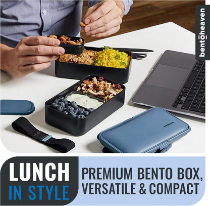 Bentoheaven Premium Bento Box Adult Lunch Box with Compartments for Women & Men, Set of Utensil & Chopsticks & Dip Container, Cute Japanese Kids Bento Lunch Box, Microwavable (Symph Onyx)