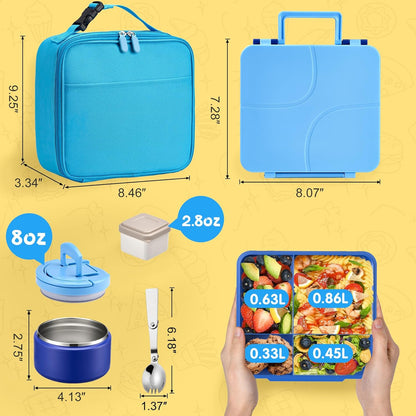 MAXSO Bento Lunch Box Set with 8 oz Soup Thermo, Kids Leakproof 4 Compartments Hot Food Container with Sauce Cup, Ice Pack and Lunch Bag, Child Insulated Food Jar for School - Black