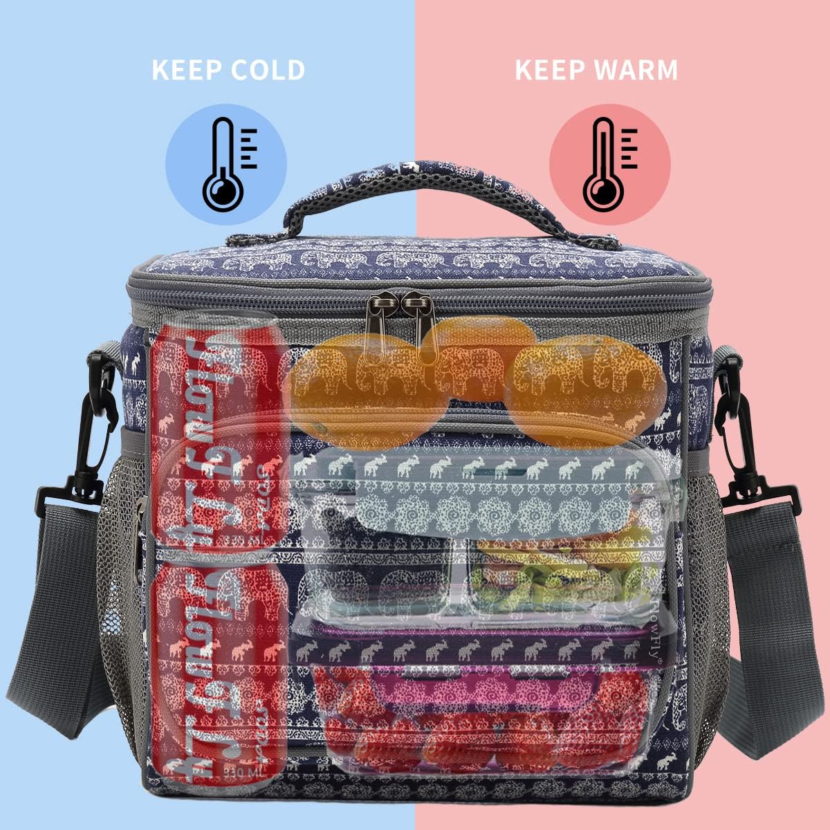 FlowFly Insulated Reusable Lunch Bag Adult Large Lunch Box for Women and Men with Adjustable Shoulder Strap,Front Zipper Pocket and Dual Large Mesh Side Pockets,Cherry - Colors A