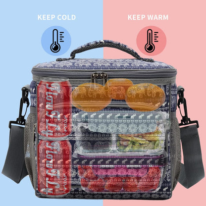 FlowFly Insulated Reusable Lunch Bag Adult Large Lunch Box for Women and Men with Adjustable Shoulder Strap,Front Zipper Pocket and Dual Large Mesh Side Pockets,Cherry - Colors A