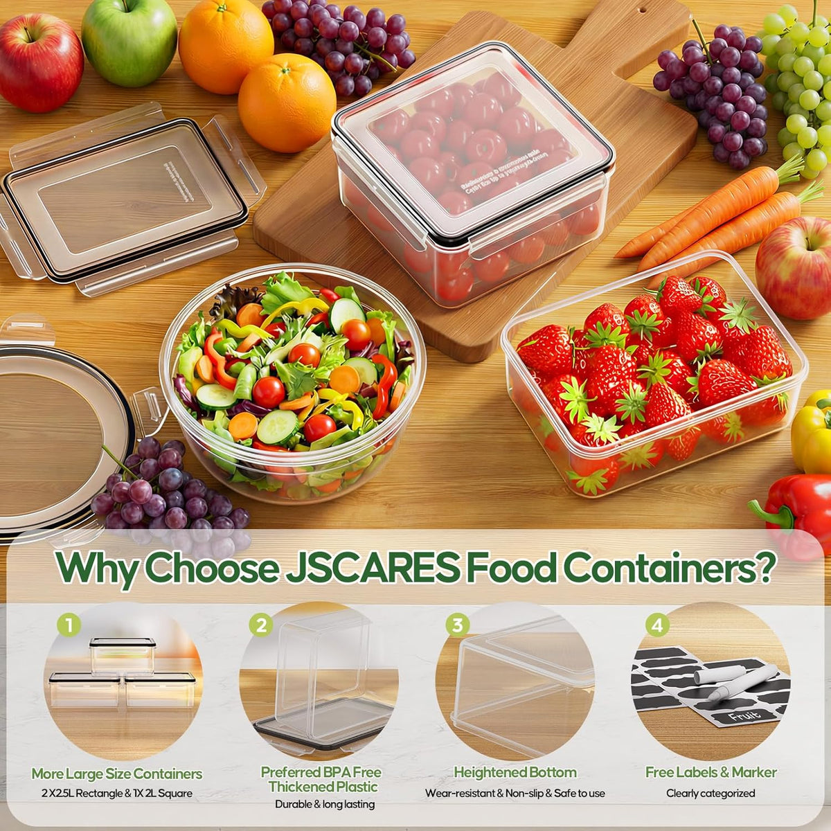 JSCARES 62 PCS Large Food Storage Containers with Lids Airtight (31 Lids & 31 Containers)- Reusable Plastic Leakproof Meal-Prep Container for Kitchen Storage Organization Microwave/Dishwasher Safe
