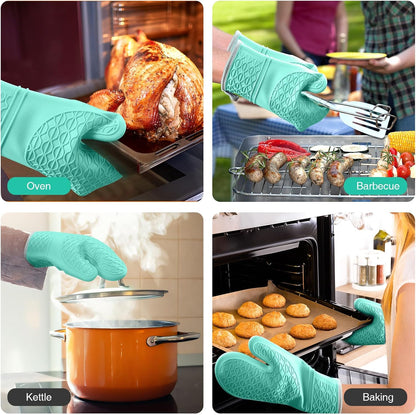 Silicone Oven Mitts, Heat Resistant 2PCS Oven Mitts with Soft Cotton Lining, Waterproof Non-Slip Grip Oven Glove, Kitchen Potholder Mits for BBQ, Baking, Cooking, 12.5 Inch - Grey
