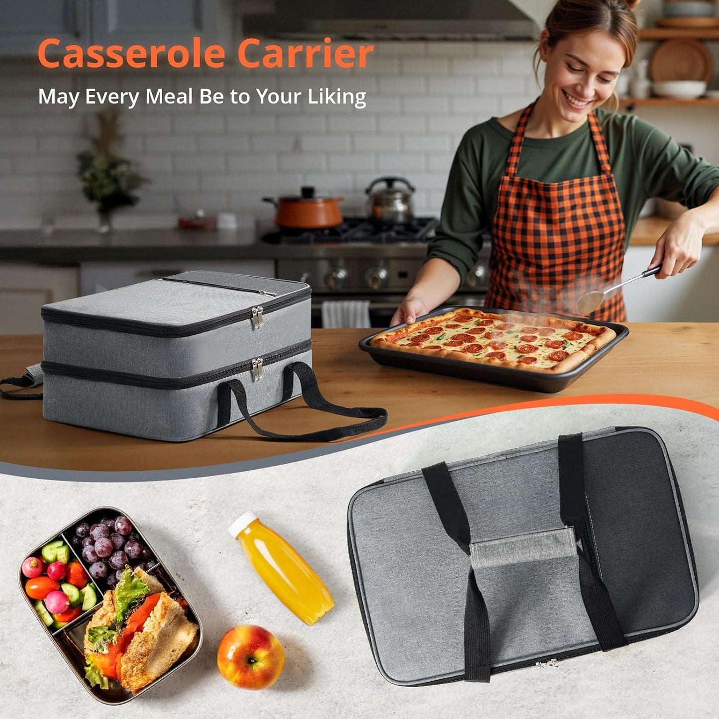 Insulated Casserole Carrier for Hot or Cold Food,Pie Carrier Bag Lunch Tote for Potluck Parties/Picnic/Cookouts, Fits 9"x13" Baking Dish,Grey