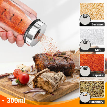 Segarty Spice Jars, 3 oz Spice Bottles with Shaker Lids, Glass Empty Seasoning Containers with Adjustable Pour Holes for Kitchen Spice Storage Stainless Steel Flow Top Salt and Pepper Shakers