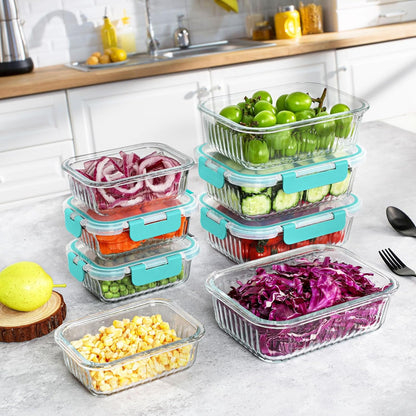KOMUEE 10 Pack Glass Food Storage Containers, Meal Prep Containers with Lids, Airtight Glass Lunch Boxes, Freezer, Oven, and Microwave Safe, Pink
