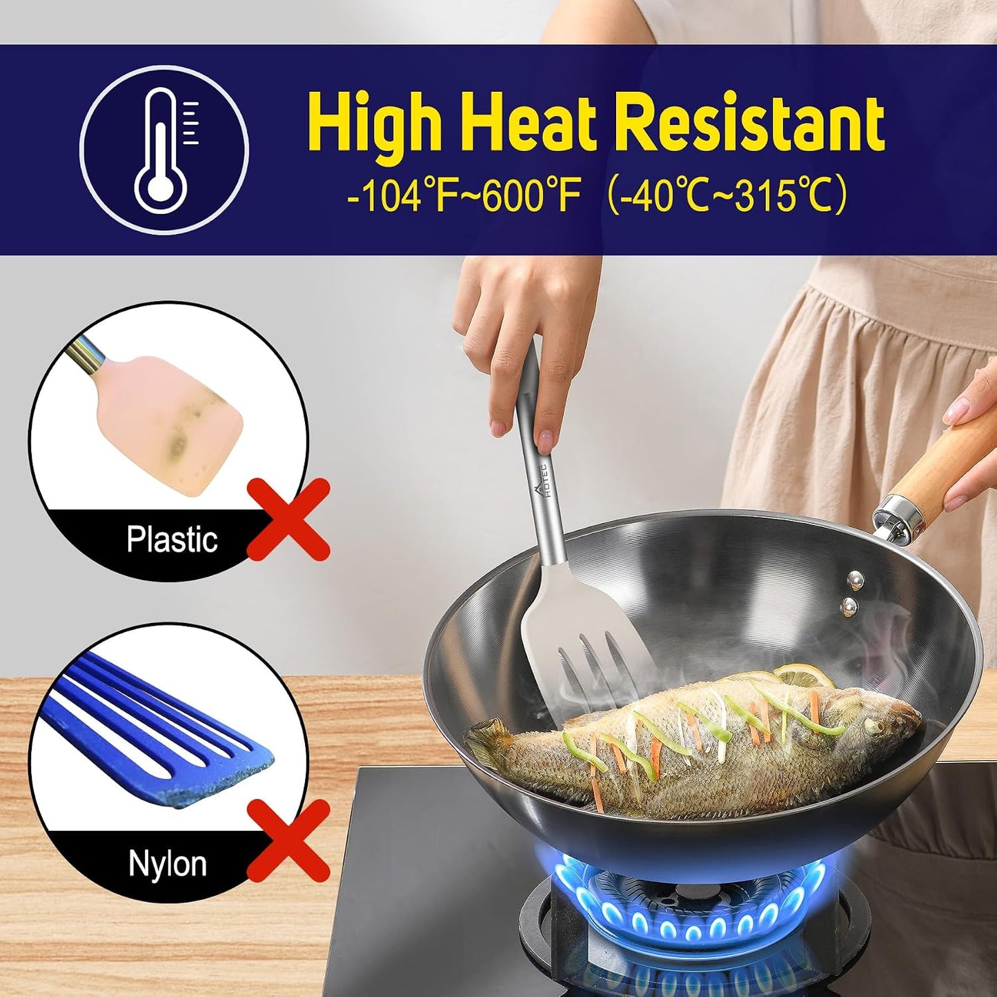 HOTEC Silicone Spatula Set of 2 Heat-Resistant 600°F & BPA-Free Kitchen SaptulaTurner with Stainless Steel Handles, Slotted & Solid Spatulas for Nonstick Cookware, 13.7 Inch, Classic Blue