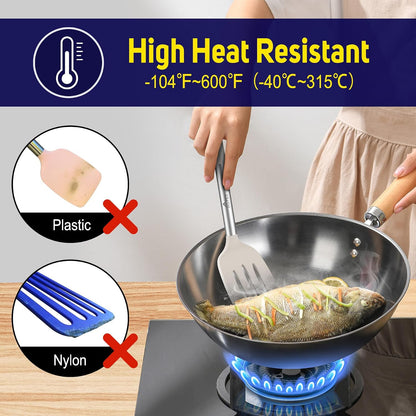 HOTEC Silicone Spatula Set of 2 Heat-Resistant 600°F & BPA-Free Kitchen SaptulaTurner with Stainless Steel Handles, Slotted & Solid Spatulas for Nonstick Cookware, 13.7 Inch, Classic Blue
