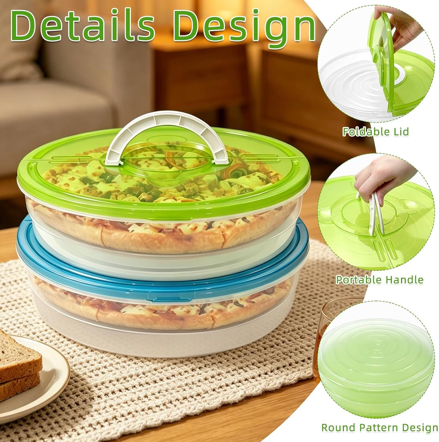 2 Pack 12 Inch Food Storage Container with Lid and Handle, Round Plastic Pizza Slice Storage Container, Reusable Pie Carrier Keeper for Food Cake Cheesecake, Clear