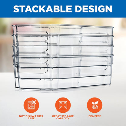 NutriChef Refrigerator Organizer Bins 6-Piece - Plastic Storage Bins with Egg Holder - For Fridge, Freezer, Kitchen, Cabinet, Countertops, Pantry - Stackable Food & Drink Containers, 14.5"x7" - Clear