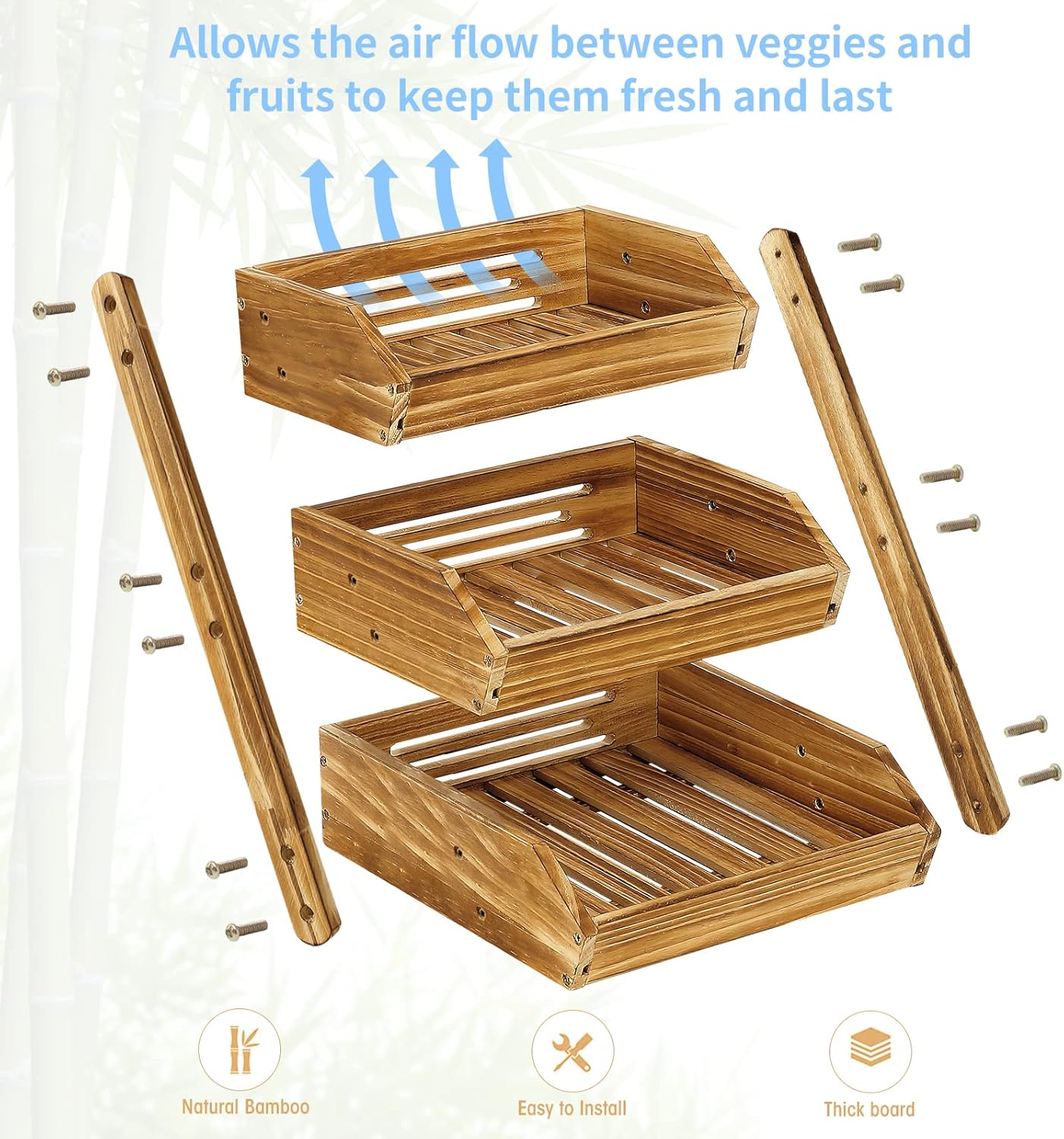 G.a HOMEFAVOR Large Bamboo Fruit Basket, 2-Tier Fruit Bowl for Kitchen Counter, Vegetable Storage Stand for Fruit Shop, 15 mm Thickness (Self-assembly)