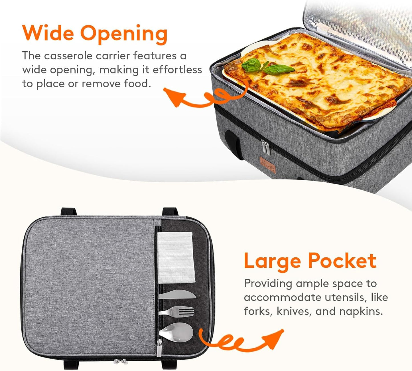 Lifewit Insulated Double Decker Casserole Carrier for Hot or Cold Food, Casserole Dish Carrying Case, Lasagna Holder for Potluck Parties, Picnic and Cookouts, Fits 9"x13" Baking Dish, Grey