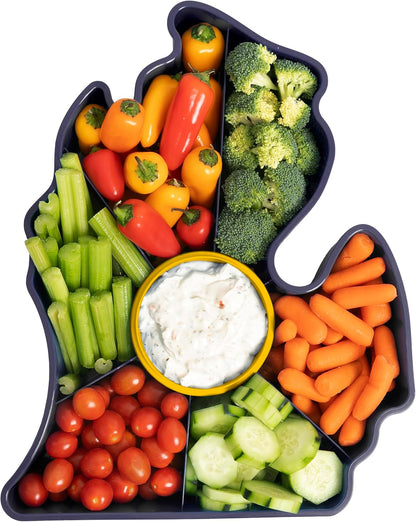KOLORAE Michigan Serving Tray - Unique 7 Compartment Mitten State Reusable Snack Tray w/Dressing Cup. Great for Entertaining and Storage for Appetizers, Snacks, Chips & Dip