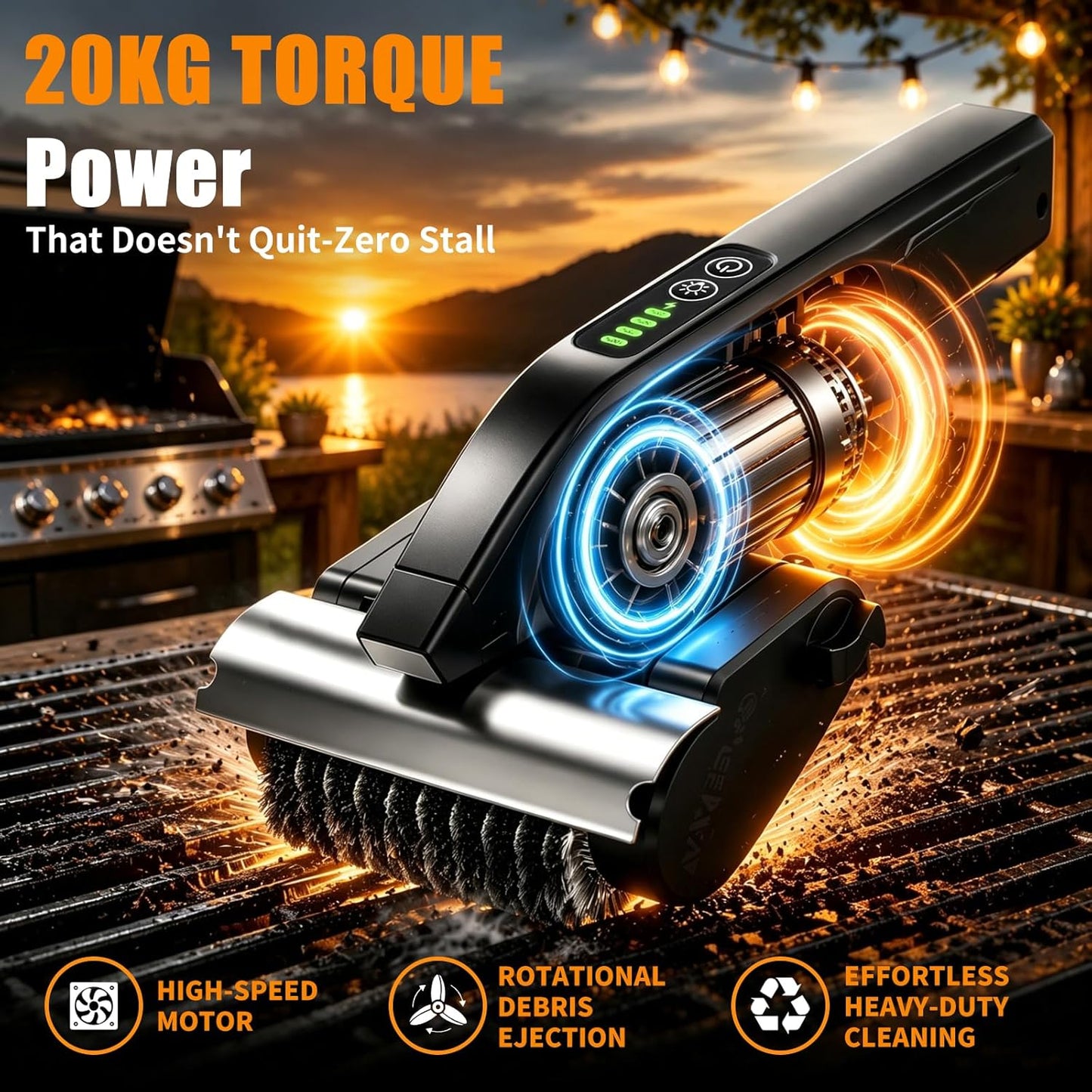 Electric Grill Brush Cleaner, High Torque BBQ Bristle-Free Cleaner – Rechargeable Cordless with LED Light, Splash Guard & Scraper, Heavy Duty Grill Cleaner Tool for Outdoor Grill, Gift for Men Dad