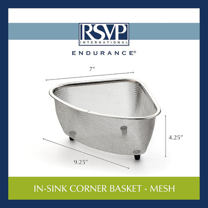 RSVP International Endurance® In-Sink Mesh Colander Strainer Basket, 3 Quart | Organize Sponges, Collect Food Scraps | Dishwasher Safe | Small Corner Basket | Steaming, Draining & Rinsing
