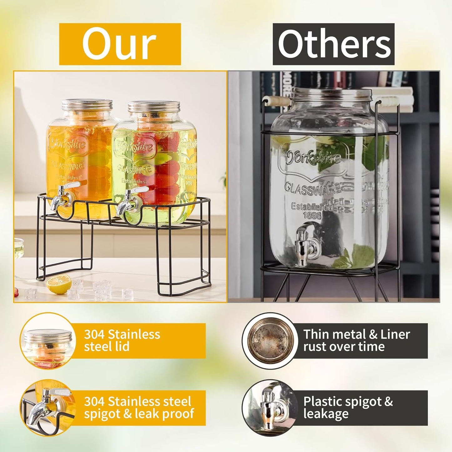 1 Gallon Glass Beverage Dispenser Set of 2 with Stand & Fruit Infuser, Stainless Steel Spigot, Beverage Dispenser for Parties, Weddings, BBQs, Lemonade, Sun Tea, Juice & Cold Drinks