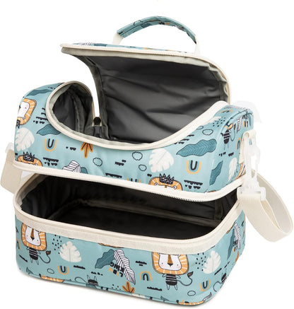 Insulated Kids Dual Compartment Lunch Bags Tote Pack for Girls Boys Toddler Kindergarten School Picnic Cooler Thermal Lunch Boxes with Strap (Green Rainbow)