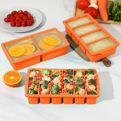 3-Pack Silicone Freezer Trays with Lid,2 Large 2-Cup(500ml)&4 Medium 1-Cup(250ml)&6 Small 1/2-Cup(125ml) Soup Freezer Container Molds,Ice Cube Tray For Meal Prep&Freezing Soup,Stews,Sauces