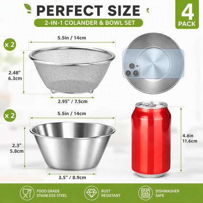 WRINGKIT 4 Pcs 304 Stainless Steel Colander Bowl Set, Dishwasher Safe