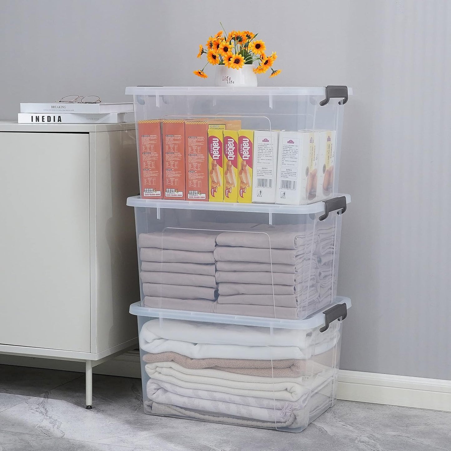 Citylife 32 QT Plastic Storage Bins with Latching Lids Stackable Storage Containers for Organizing Large Clear Storage Box for Garage, Closet, Kitchen, 4 Packs