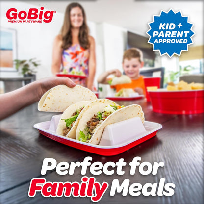 GoBig Taco Plates with Dividers – 36 Pack Disposable Red Party Cup Taco Plato Tray Holders for Party