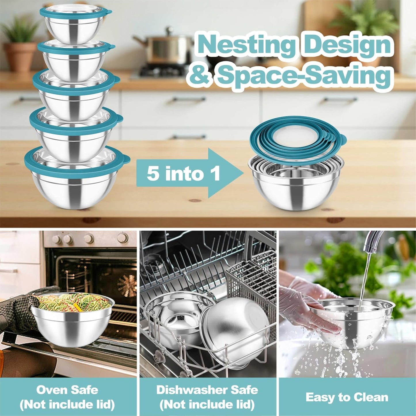 TeamFar Mixing Bowls Set, 4.5/3/1.5/1/0.7 QT Stainless Steel Nesting Salad Bowls with Airtight Lids, For Serving/Mixing/Storing, Non-Toxic & Heavy Duty, Visible & Easy Clean, Black, Set of 5