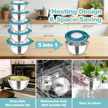 TeamFar Mixing Bowls Set, 4.5/3/1.5/1/0.7 QT Stainless Steel Nesting Salad Bowls with Airtight Lids, For Serving/Mixing/Storing, Non-Toxic & Heavy Duty, Visible & Easy Clean, Black, Set of 5