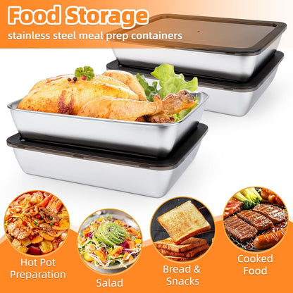 4 PCS Stainless Steel Food Storage Containers with lids,2.16 Inch Deep, 8x10 Inch Stainless Steel Oven plate, Metal Roasting Pan for Meal Prep、Meat, Rustproof & Heavy, Freezer & Dishwasher Safe