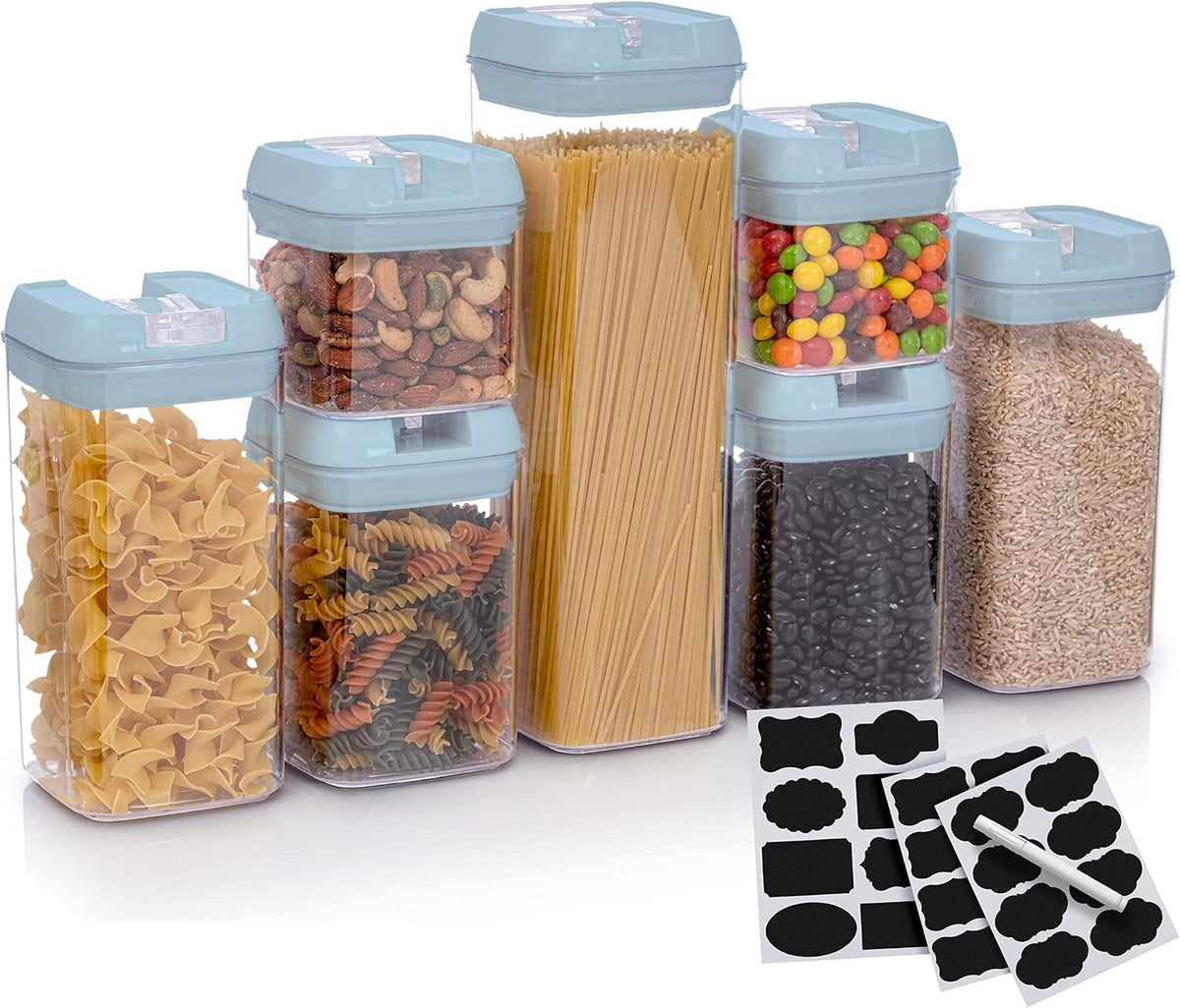 Set of 7 Airtight Food Storage Containers - Pantry Organizer Bins, BPA Free Plastic Containers plus Dry Erase Marker and Labels, White
