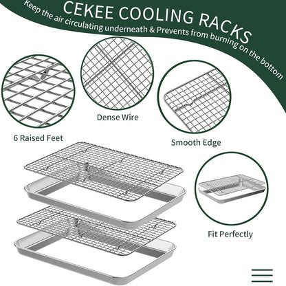 Jelly Roll Pan with Cooling Rack Set [2 Baking Pans + 2 Baking Racks], CEKEE Stainless Steel Baking Sheet Tray with Wire Rack Set, Commercial Quality, Rust Proof & Nonstick, Size 15.94 x 12 x 1 Inch
