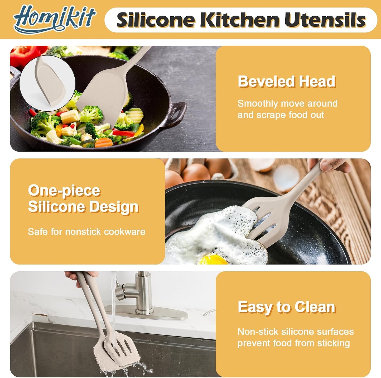 Homikit Silicone Cooking Utensil Set, 15pcs Kitchen Utensils with Holder for Nonstick Cookware, Heat Resistant Nontoxic Silicone Spatula Set Dishwasher Safe Kitchen Tools for Baking-Black