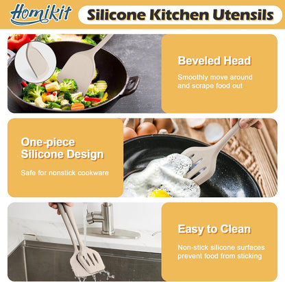 Homikit Silicone Cooking Utensil Set, 15pcs Kitchen Utensils with Holder for Nonstick Cookware, Heat Resistant Nontoxic Silicone Spatula Set Dishwasher Safe Kitchen Tools for Baking-Black