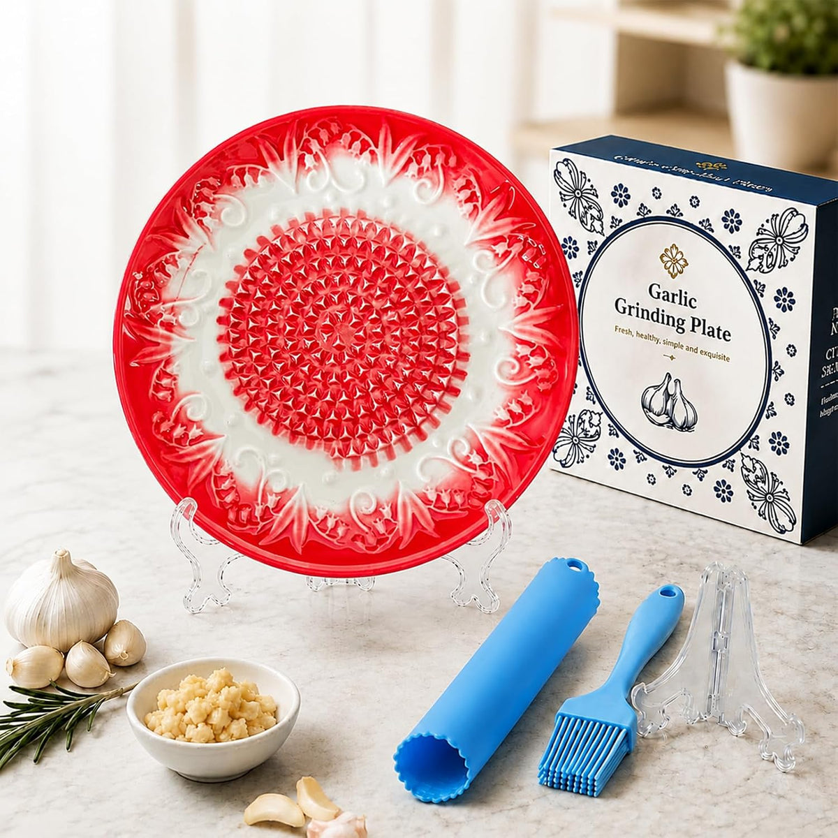 Ceramic Garlic Grater Plate Set with Rack, Peeler & Improved Brush (Blue)
