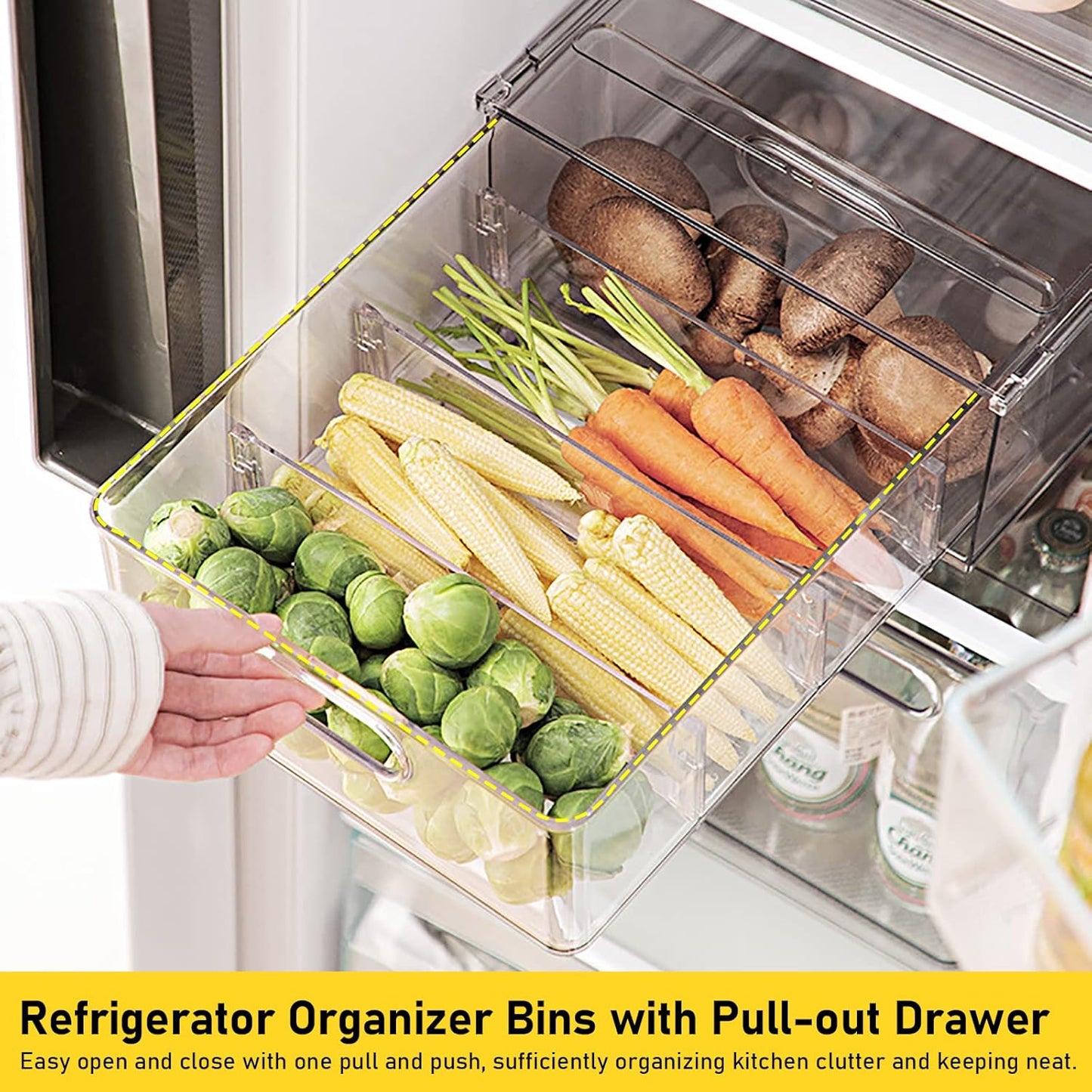 2 Pack Refrigerator Organizer Bins Stackable Fridge Organizer Set with Pull-out Drawer Clear Vegetable Fruit Storage Containers for Kitchen Pantry Organization