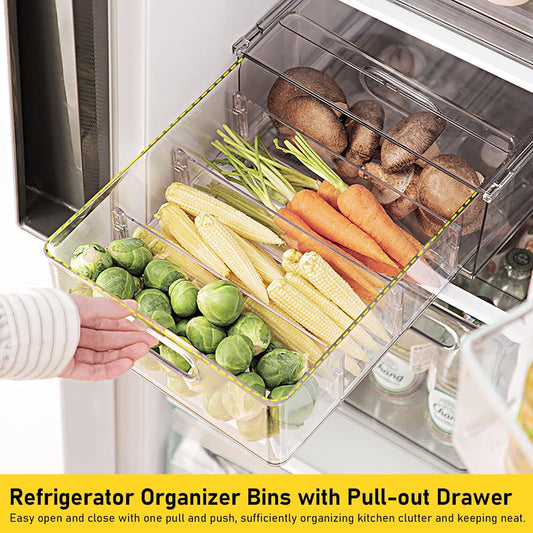 2 Pack Refrigerator Organizer Bins Stackable Fridge Organizer Set with Pull-out Drawer Clear Vegetable Fruit Storage Containers for Kitchen Pantry Organization