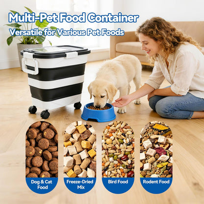 Dog Food Storage Container 20-25lbs, Airtight Pet Food Bin with Locking Lid & Clear Window, Collapsible Rolling Storage Container with Wheels and Scoop, Black