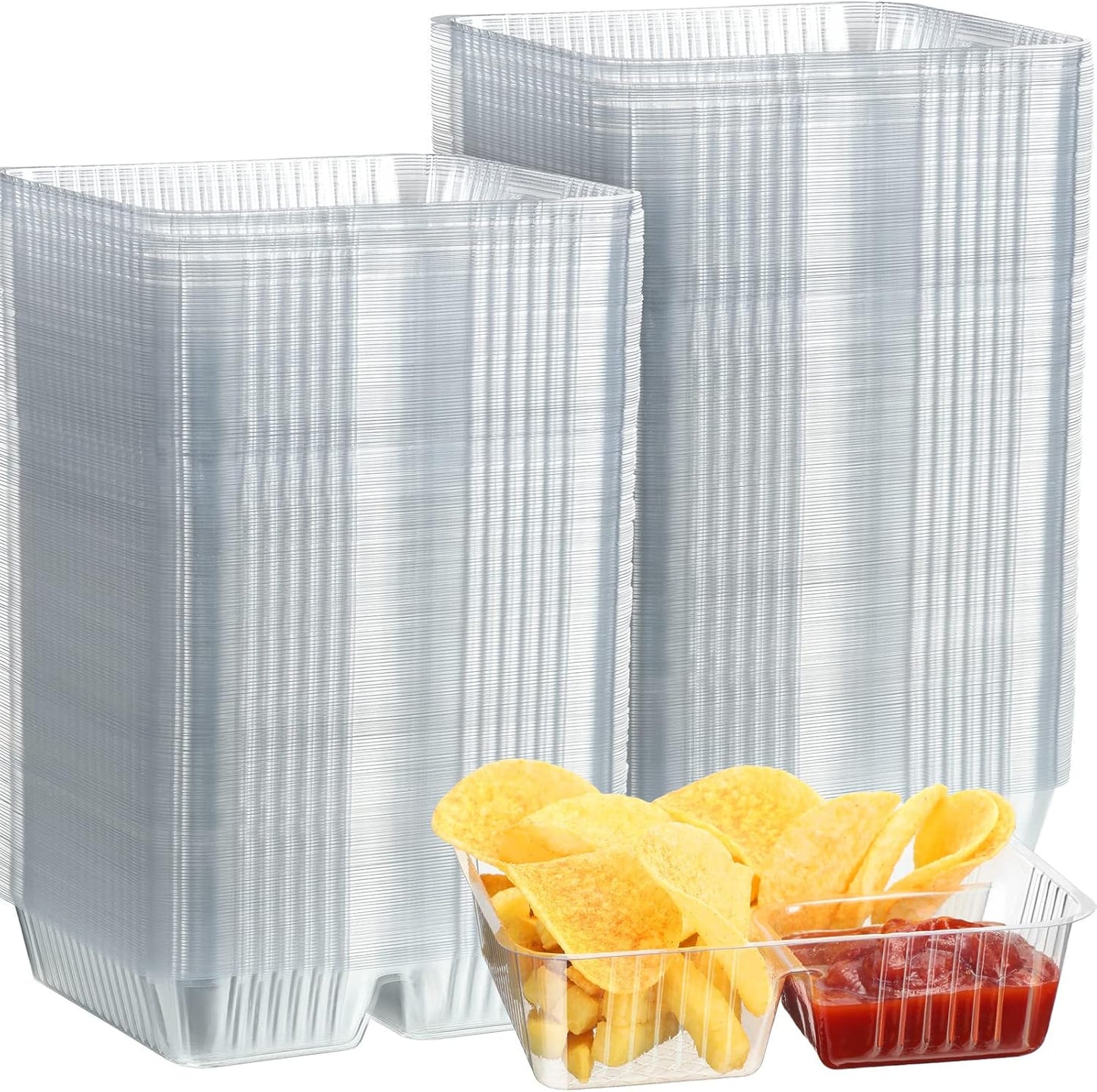 Vesici 100 Pcs 12oz Nacho Trays Disposable 2 Compartment Food Snack Tray Concession Stand Supplies Movie Night Clear Plastic Cheese Dip and Chip Holder for Candy School