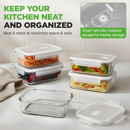 NutriChef 10 Piece Glass Food Storage Containers with Lids – 30 oz Meal Prep Containers Reusable – Airtight Glass Lunch Containers for Food Storage – Freezer to Oven Safe - Gray