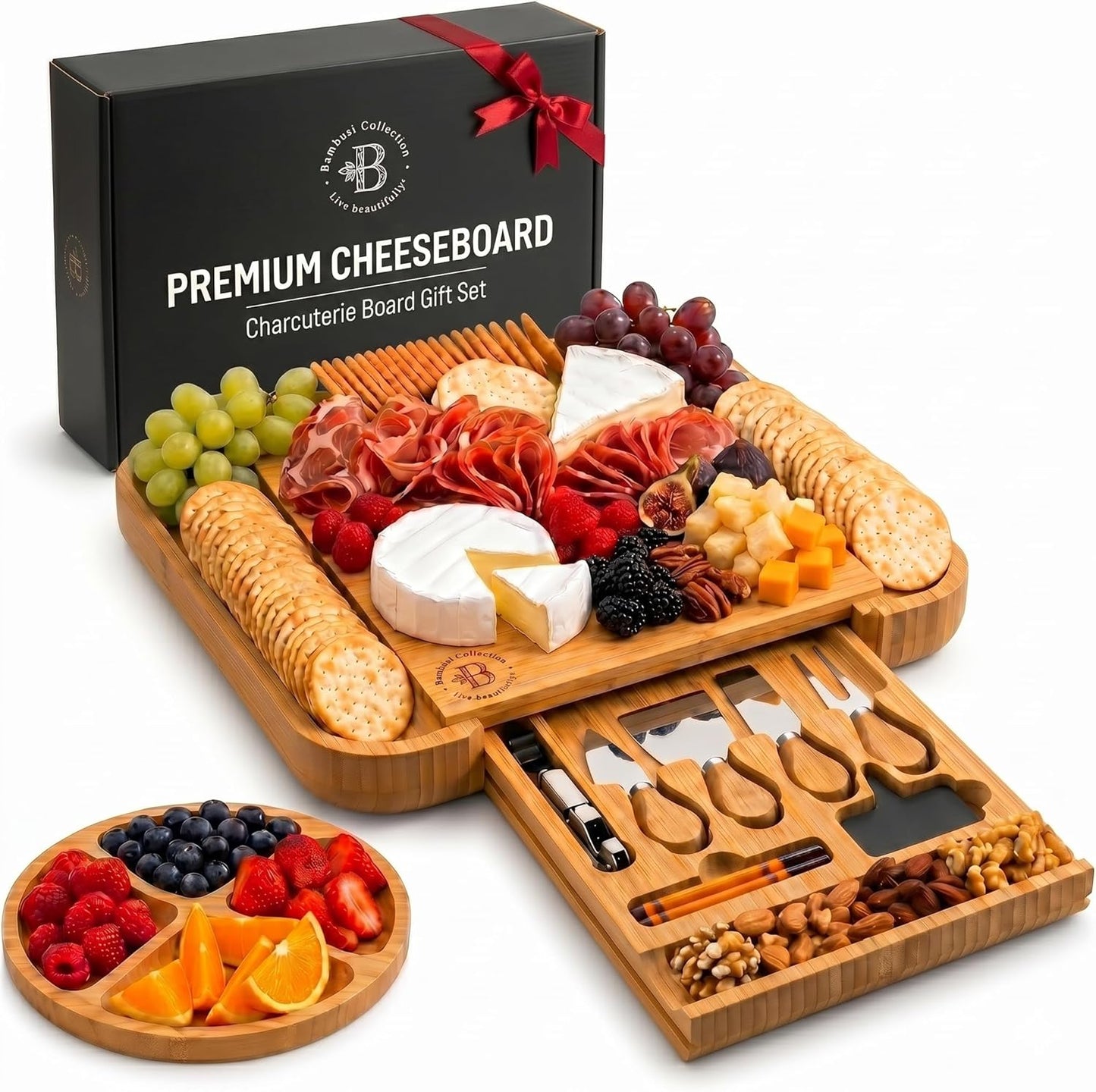 Bambüsi Charcuterie Boards - Large Bamboo Charcuterie Board Set with Knives Serving Accessories, Cheese Tray - House Warming Gifts New Home, Wedding Gift, Bridal Shower Gifts, Birthday Gifts Women Men