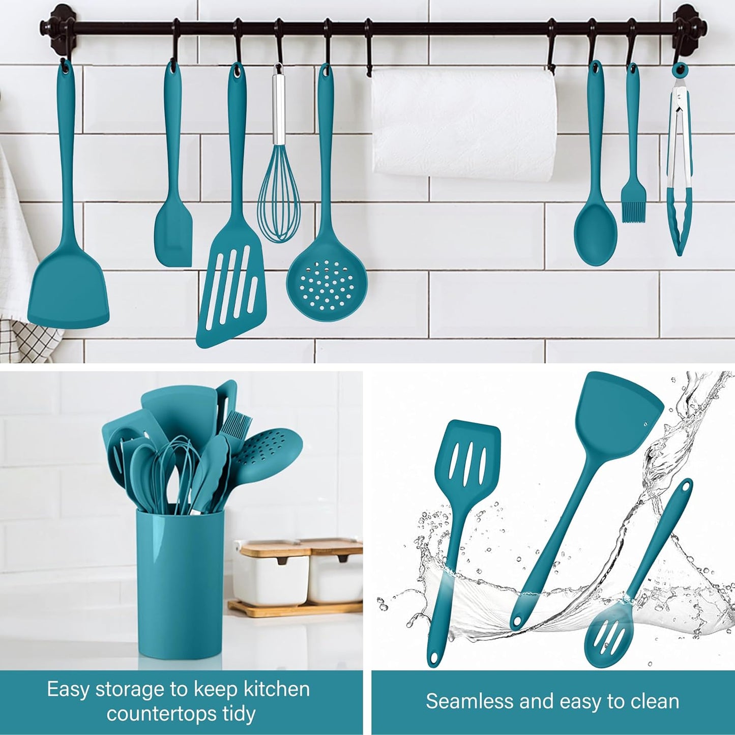 HaWare 11 PCS Silicone Cooking Utensils Set, Heat Resistant Kitchen Utensils with Holder, Food-grade Spatula Sets for Nonstick Cookware, Kitchen Tools Gadgets Include Fish Turner, Spoon (Black)