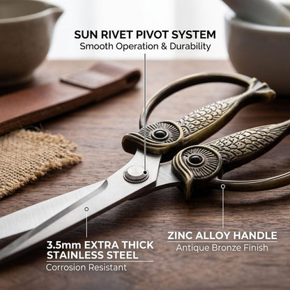 XSNBRD All Purpose Kitchen Scissors, Pearl Gold Stainless Owl Shears.