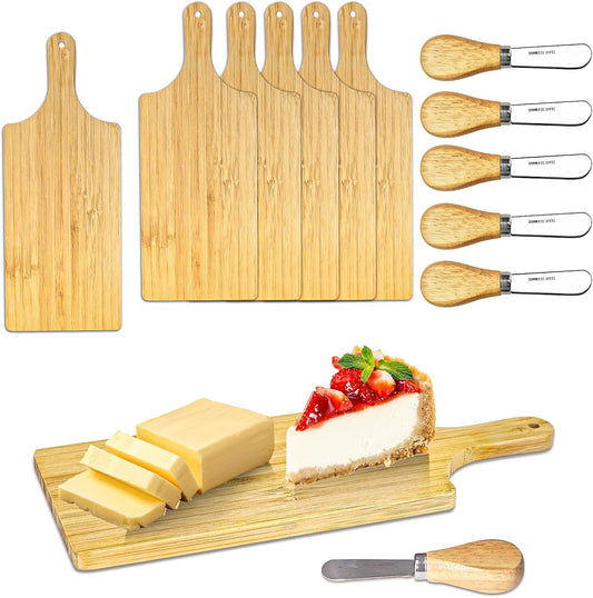 Mini Charcuterie Boards, 3.5 * 9IN Cutting Boards, Wood Cheese Board with Knives, Thicken Bamboo Chopping Board Serving Trays, Small Charcuterie Boards for Guests Wedding Party Baby Shower, Set of 6