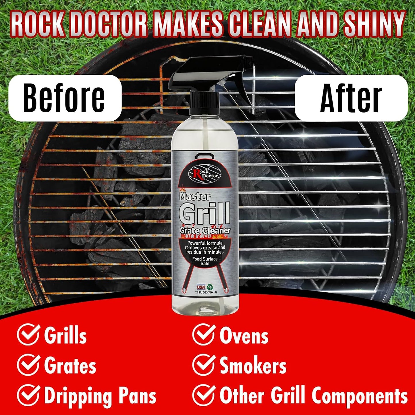 Rock Doctor Grill & Grate Cleaner 24oz. 2-Pk Food Surface Safe, Powerful Foaming Action, No Fumes, Fast Acting Formula Removes Grease, Grime