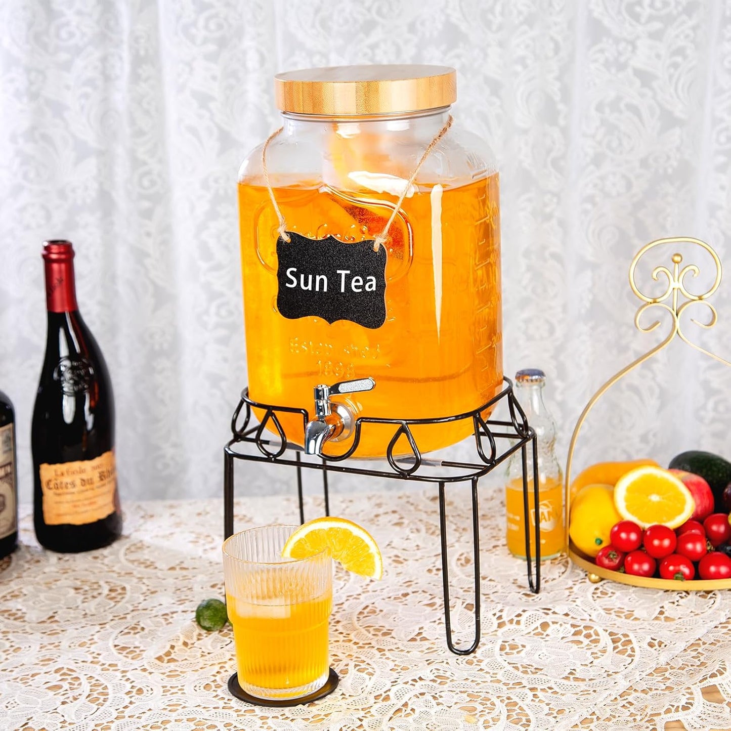 2 Gallon Glass Drink Dispenser with Stand and Bamboo Lid, Lemonade Dispenser with Stainless Steel Spigot, Glass Beverage Dispenser for Parties, Weddings, Kombucha, BBQ
