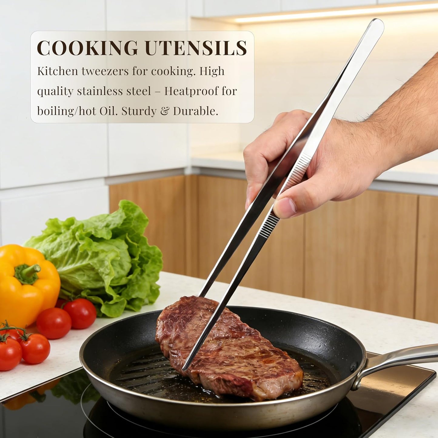 Stainless Steel Tweezers Tongs Set of 2, Kitchen Cooking Utensils, Straight and Bent Tip 11.8″ for Serving, Chef Tools