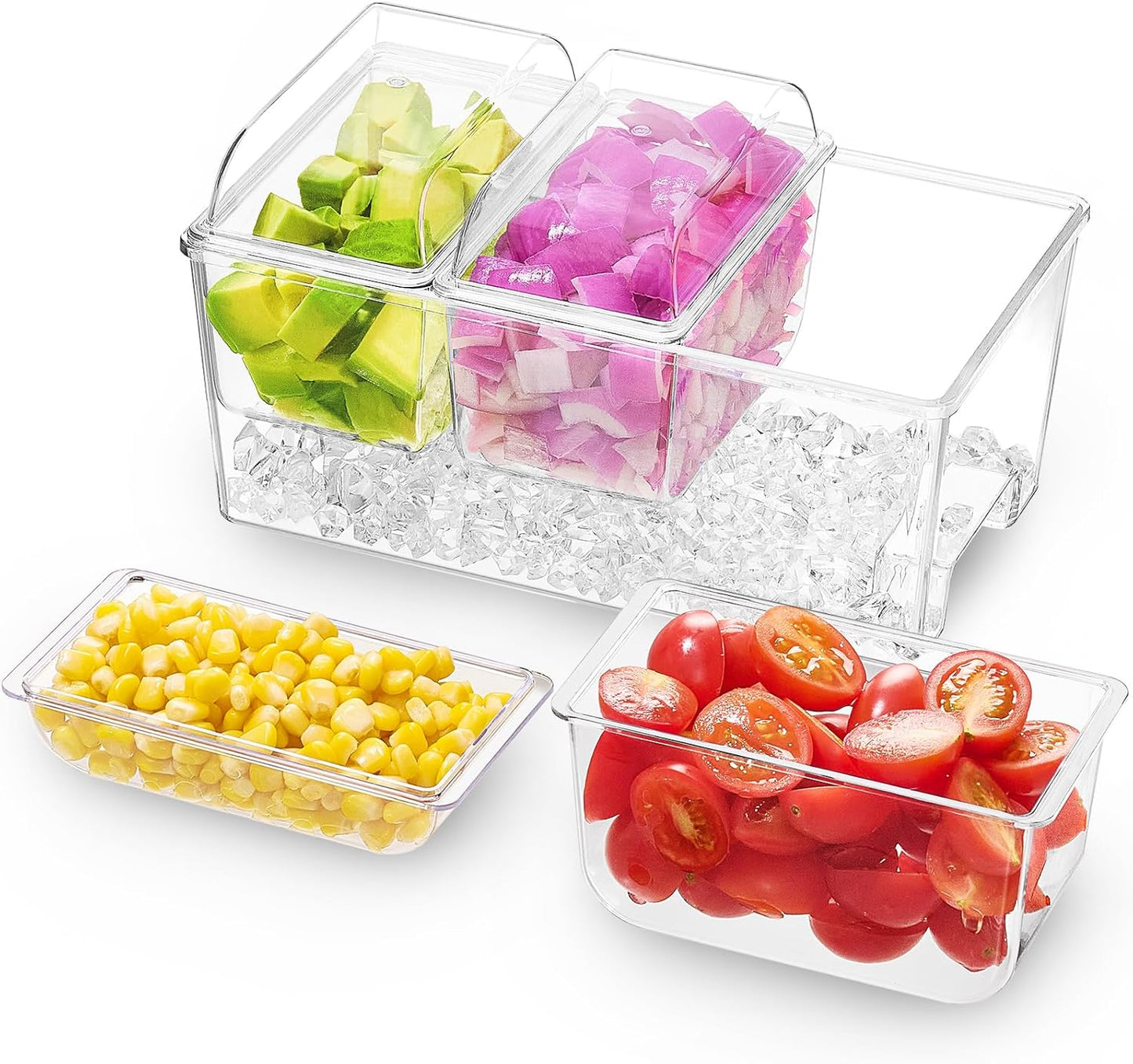 Lifewit Taco Bar Serving Set for Party with 5 x 20 oz Containers & Components, Ice Chilled Condiment Caddy Organizer, Garnish Serving Tray Platter for Mimosa Bar Accessories, Fruit, Salad, Food