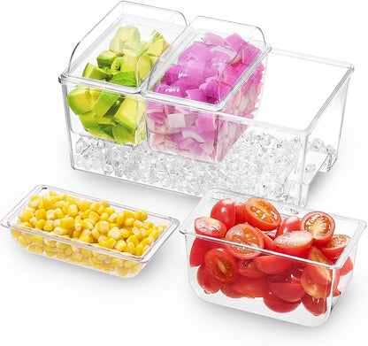 Lifewit Taco Bar Serving Set for Party with 5 x 20 oz Containers & Components, Ice Chilled Condiment Caddy Organizer, Garnish Serving Tray Platter for Mimosa Bar Accessories, Fruit, Salad, Food