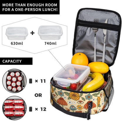 70s Retro Mushroom Floral Insulated Lunch Bag Reusable Cooler Lunch Box Portable Leakproof Thermal Container Tote Bags for Girls Boys School Travel