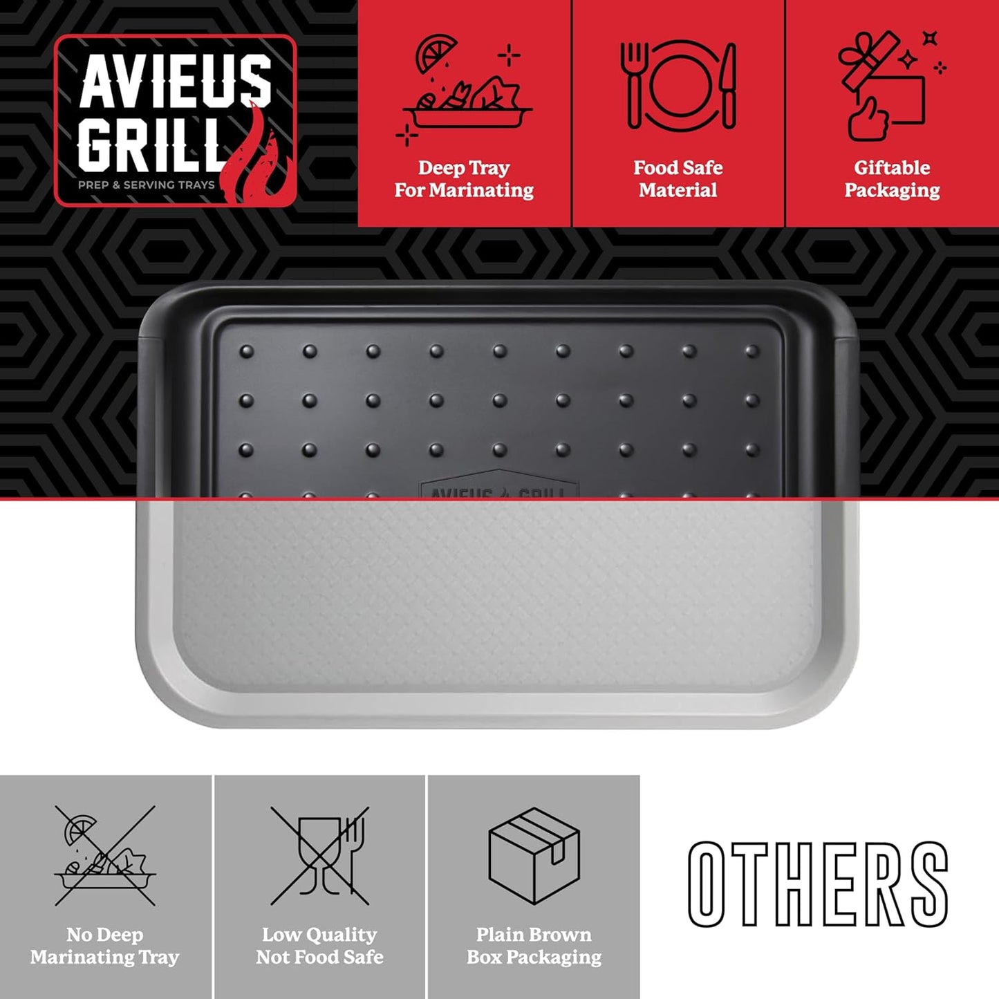 AVIEUS Grill Prep and Serve Trays | Set of 2 Stackable, Melamine Trays | Serving Tray & Marinating Tray | Serving Platter for Plating Food & BBQ Prep Tub for Marinating Meats | Grill Accessories |